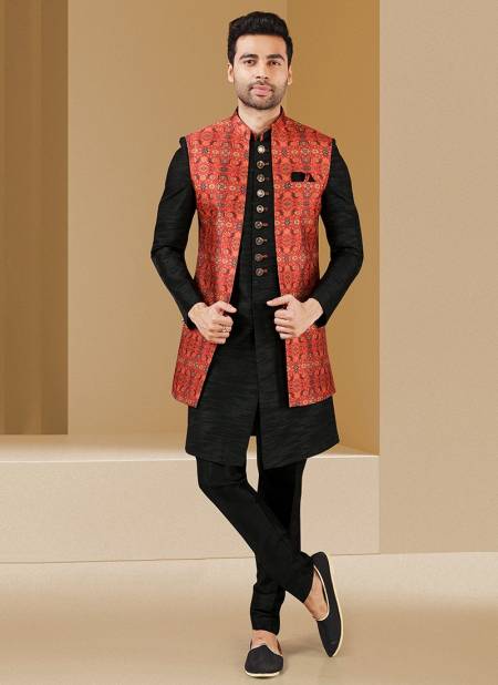 Maroon And Black Colour Festive Wear Banarasi Silk Digital Print Kurta Pajama With Jacket Mens Collection 1403